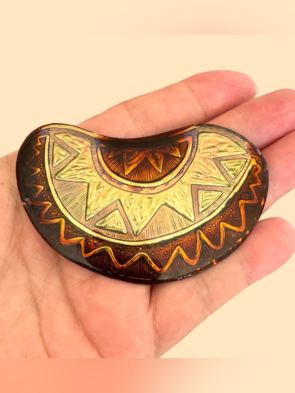 Vintage Mid-Century Modernist Enamel On Copper Sunburst Brooch